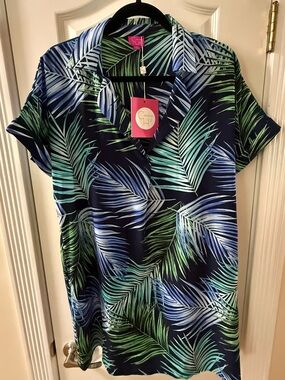 Palm-Print Short Sleeve women’s dress- Navy with Green & Blue Palms